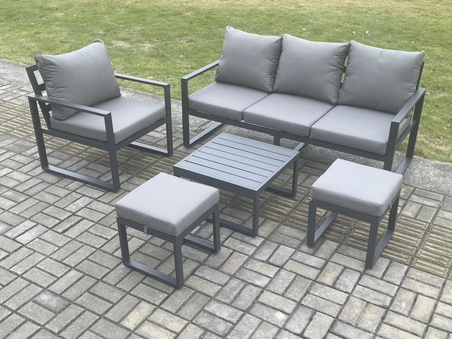 Click to view product details and reviews for Fimous Aluminium Outdoor Garden Furniture Set Lounge Sofa Chair Square Coffee Table Sets With 2 Small Footstools Dark Grey.