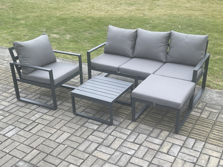 Click to view product details and reviews for Fimous Aluminium Outdoor Garden Furniture Set Lounge Sofa Chair Square Coffee Table Sets With Big Footstool Dark Grey.