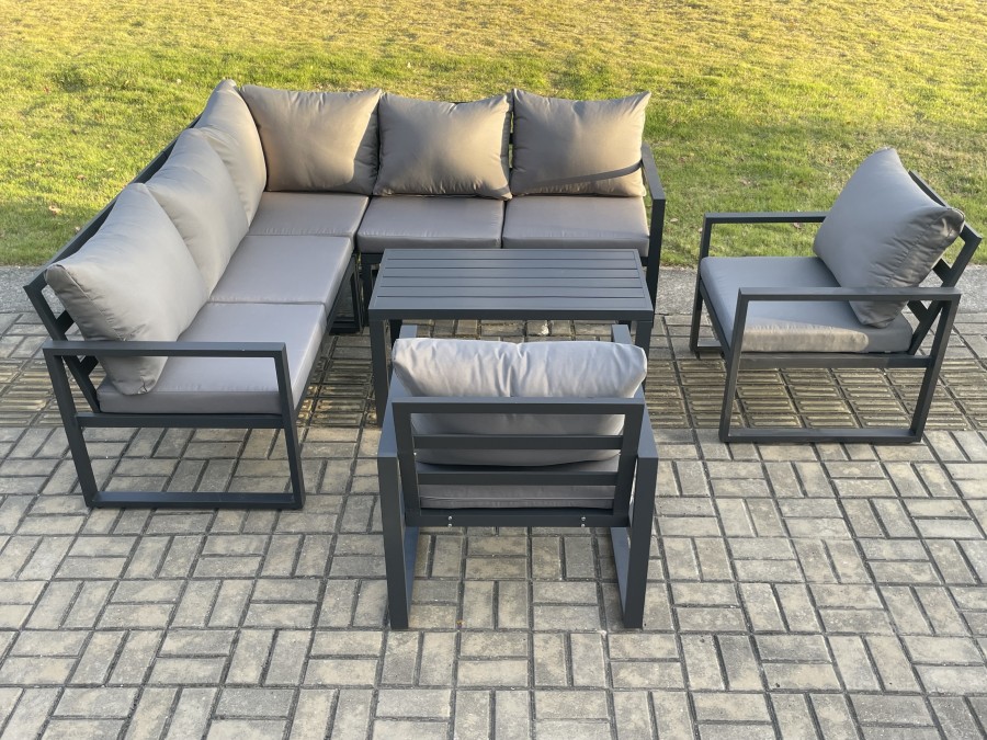 Click to view product details and reviews for Fimous Aluminium Outdoor Garden Furniture Set Lounge Sofa Oblong Coffee Table Sets With 2 Pcs Chair Indoor Conservatory Set Dark Grey.