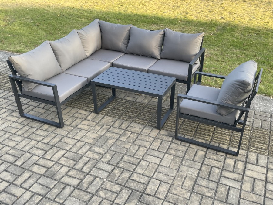 Click to view product details and reviews for Fimous Aluminium Outdoor Garden Furniture Set Lounge Sofa Oblong Coffee Table Sets With Chair Indoor Conservatory Set Dark Grey.