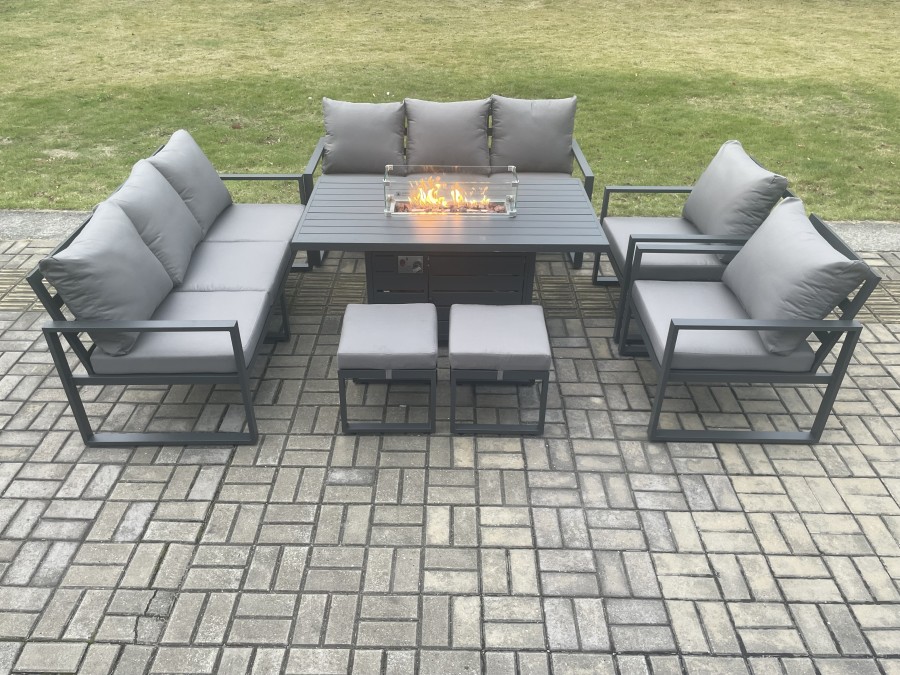 Click to view product details and reviews for Fimous Aluminium Outdoor Garden Furniture Set Patio Lounge Sofa Gas Fire Pit Dining Table Set With 2 Small Footstools Dark Grey.