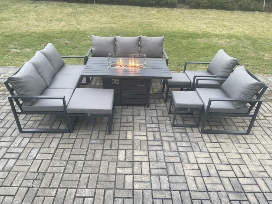 Click to view product details and reviews for Fimous Aluminium Outdoor Garden Furniture Set Patio Lounge Sofa Gas Fire Pit Dining Table Set With 3 Footstools Dark Grey.