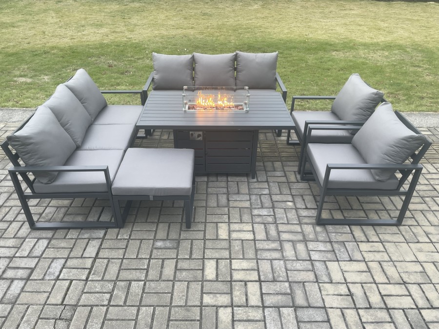 Click to view product details and reviews for Fimous Aluminium Outdoor Garden Furniture Set Patio Lounge Sofa Gas Fire Pit Dining Table Set With Big Footstool Dark Grey.
