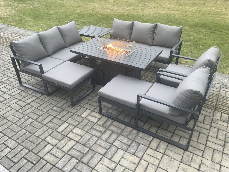 Click to view product details and reviews for Fimous Aluminium Outdoor Garden Furniture Set Patio Lounge Sofa Gas Fire Pit Dining Table Set With Side Table 2 Big Footstools Dark Grey.