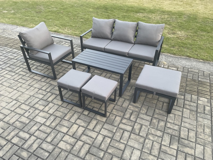 Click to view product details and reviews for Fimous Aluminium Outdoor Garden Furniture Set Patio Lounge Sofa With Oblong Coffee Table 3 Footstools Armchair Dark Grey.