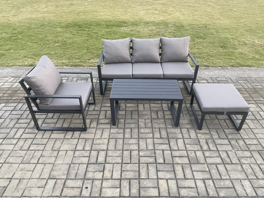 Click to view product details and reviews for Fimous Aluminium Outdoor Garden Furniture Set Patio Lounge Sofa With Oblong Coffee Table Big Footstool Armchair Dark Grey.