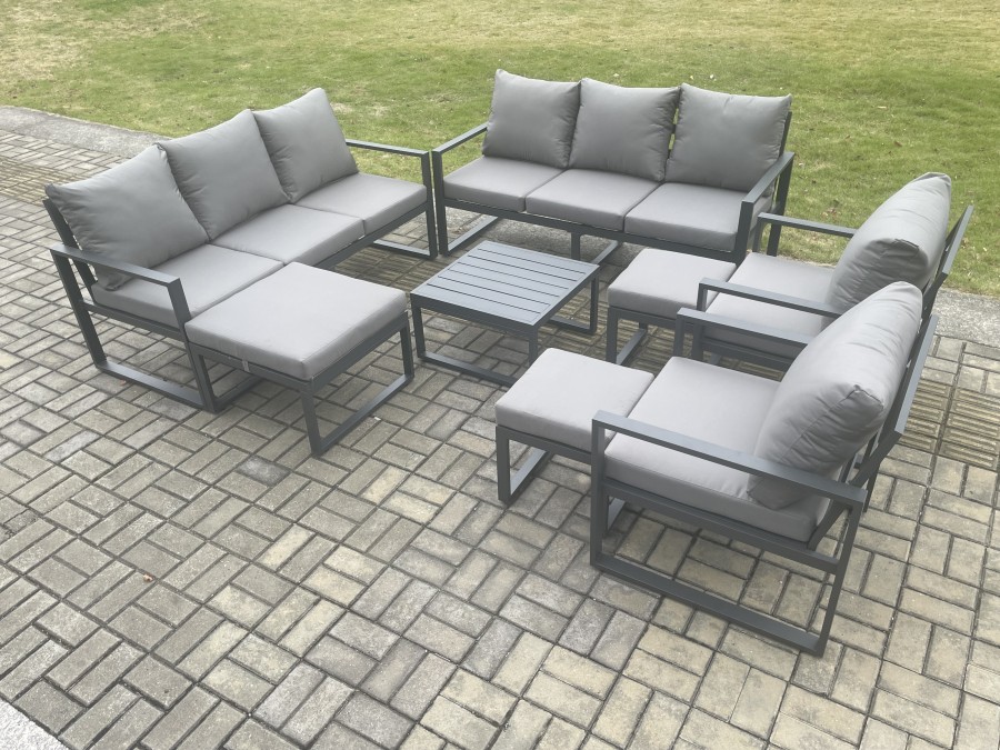 Click to view product details and reviews for Fimous Aluminium Outdoor Garden Furniture Set Patio Lounge Sofa With Square Coffee Table 2 Armchairs 3 Footstools Dark Grey.