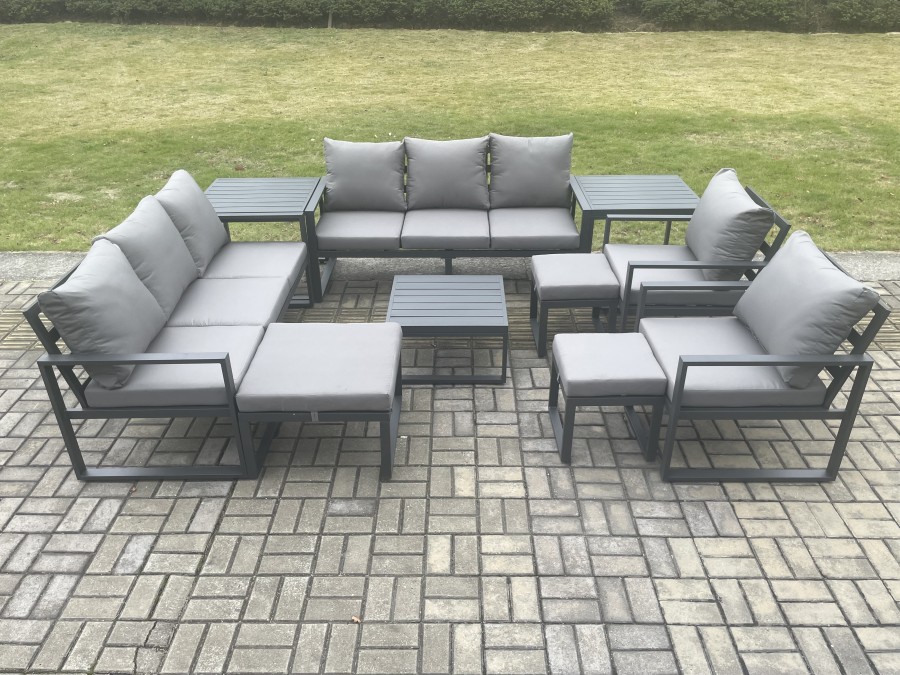 Click to view product details and reviews for Fimous Aluminium Outdoor Garden Furniture Set Patio Lounge Sofa With Square Coffee Table 2 Side Tables 2 Armchairs 3 Footstools Dark Grey.