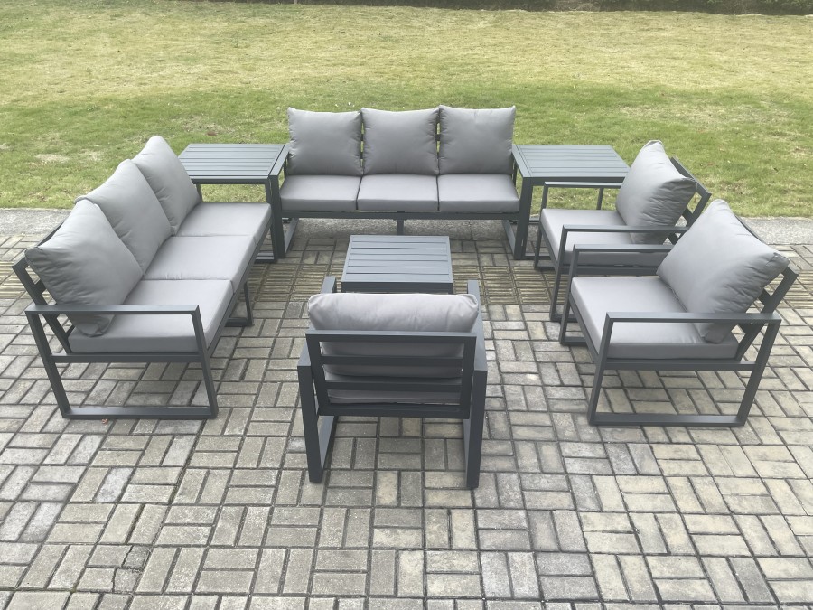 Click to view product details and reviews for Fimous Aluminium Outdoor Garden Furniture Set Patio Lounge Sofa With Square Coffee Table 3 Armchairs 2 Side Tables Dark Grey.