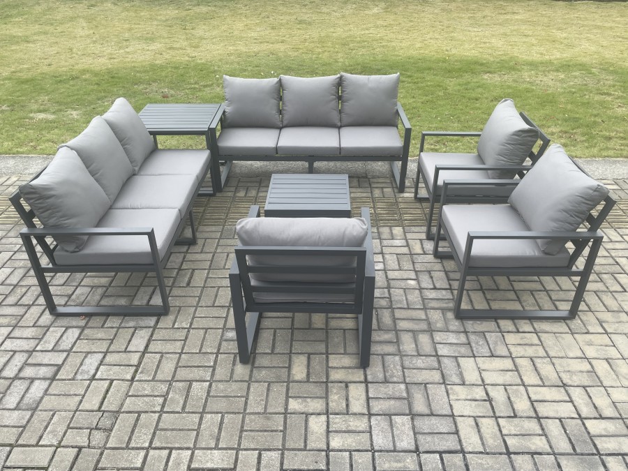 Click to view product details and reviews for Fimous Aluminium Outdoor Garden Furniture Set Patio Lounge Sofa With Square Coffee Table 3 Armchairs Side Table Dark Grey.