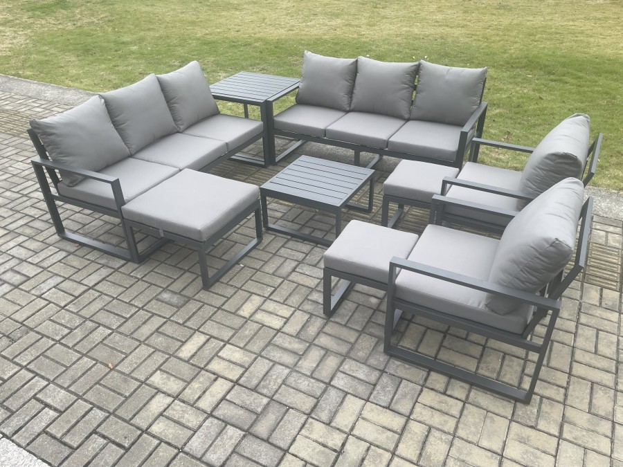 Click to view product details and reviews for Fimous Aluminium Outdoor Garden Furniture Set Patio Lounge Sofa With Square Coffee Table Side Table 2 Armchairs 3 Footstools Dark Grey.