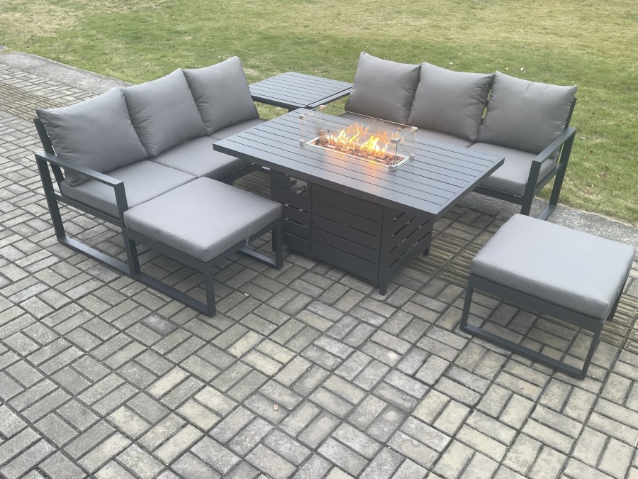 Click to view product details and reviews for Fimous Aluminium Outdoor Lounge Sofa Garden Furniture Sets Gas Fire Pit Dining Table Set With 2 Big Footstools Side Table Dark Grey.