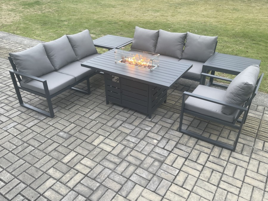 Click to view product details and reviews for Fimous Aluminium Outdoor Lounge Sofa Garden Furniture Sets Gas Fire Pit Dining Table Set With 2 Side Tables Dark Grey.