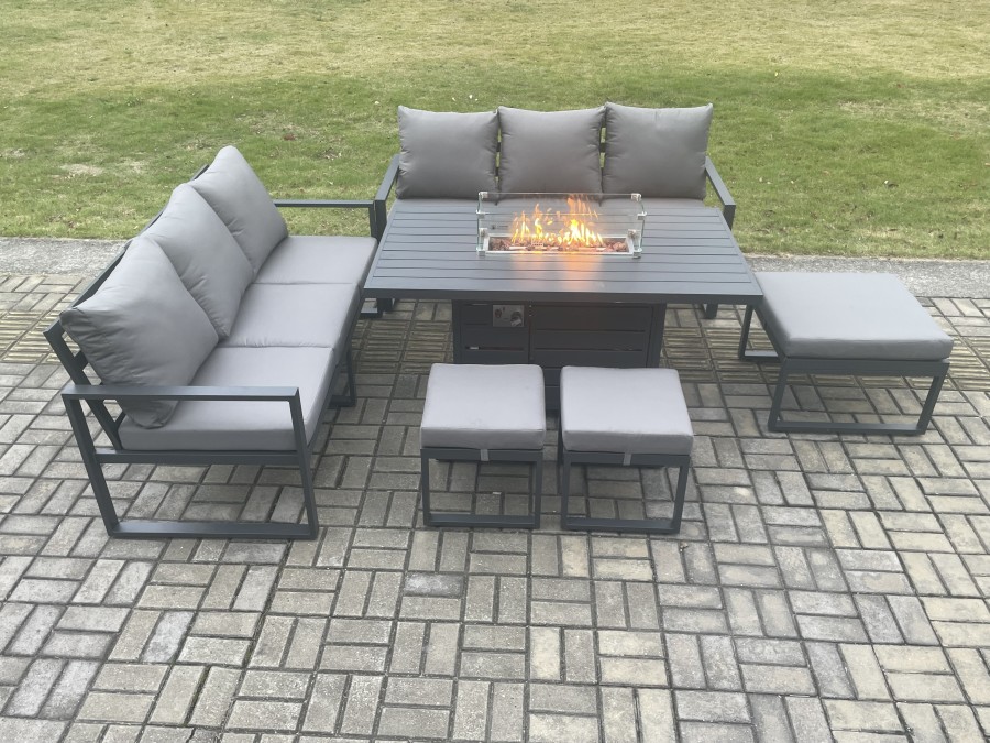 Click to view product details and reviews for Fimous Aluminium Outdoor Lounge Sofa Garden Furniture Sets Gas Fire Pit Dining Table Set With 3 Footstools Dark Grey.