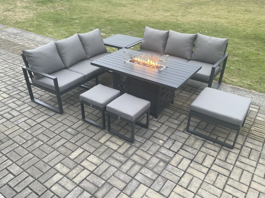 Click to view product details and reviews for Fimous Aluminium Outdoor Lounge Sofa Garden Furniture Sets Gas Fire Pit Dining Table Set With 3 Footstools Side Table Dark Grey.
