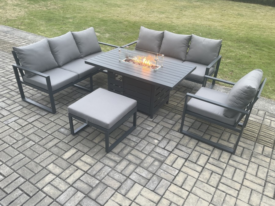 Click to view product details and reviews for Fimous Aluminium Outdoor Lounge Sofa Garden Furniture Sets Gas Fire Pit Dining Table Set With Arm Chair Big Footstool Dark Grey.