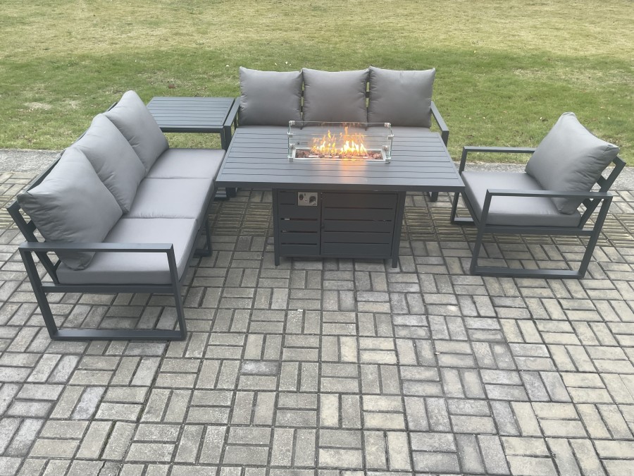 Click to view product details and reviews for Fimous Aluminium Outdoor Lounge Sofa Garden Furniture Sets Gas Fire Pit Dining Table Set With Side Table Dark Grey.