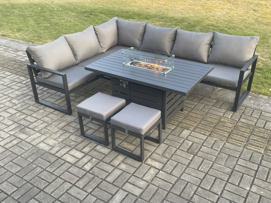 Click to view product details and reviews for Fimous Aluminium Patio Outdoor Garden Furniture Corner Sofa Set Gas Fire Pit Dining Table With 2 Small Footstools Dark Grey.