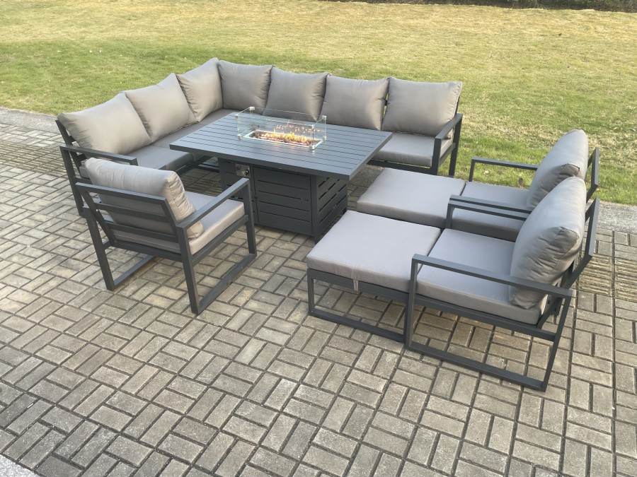 Click to view product details and reviews for Fimous Aluminium Patio Outdoor Garden Furniture Corner Sofa Set Gas Fire Pit Dining Table With 3 Chairs 2 Big Footstools Dark Grey.