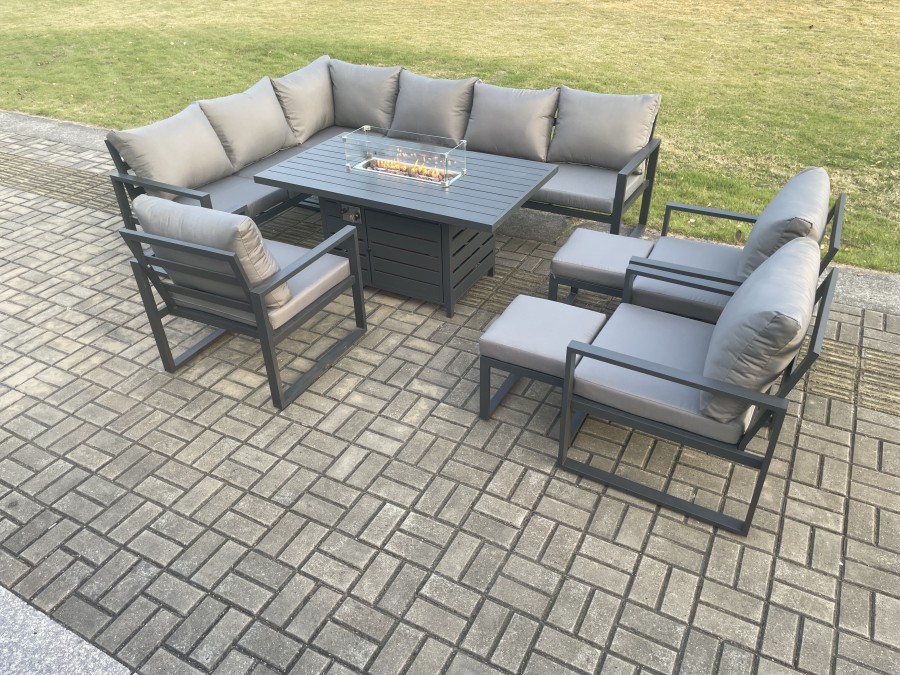 Click to view product details and reviews for Fimous Aluminium Patio Outdoor Garden Furniture Corner Sofa Set Gas Fire Pit Dining Table With 3 Chairs 2 Small Footstools Dark Grey.