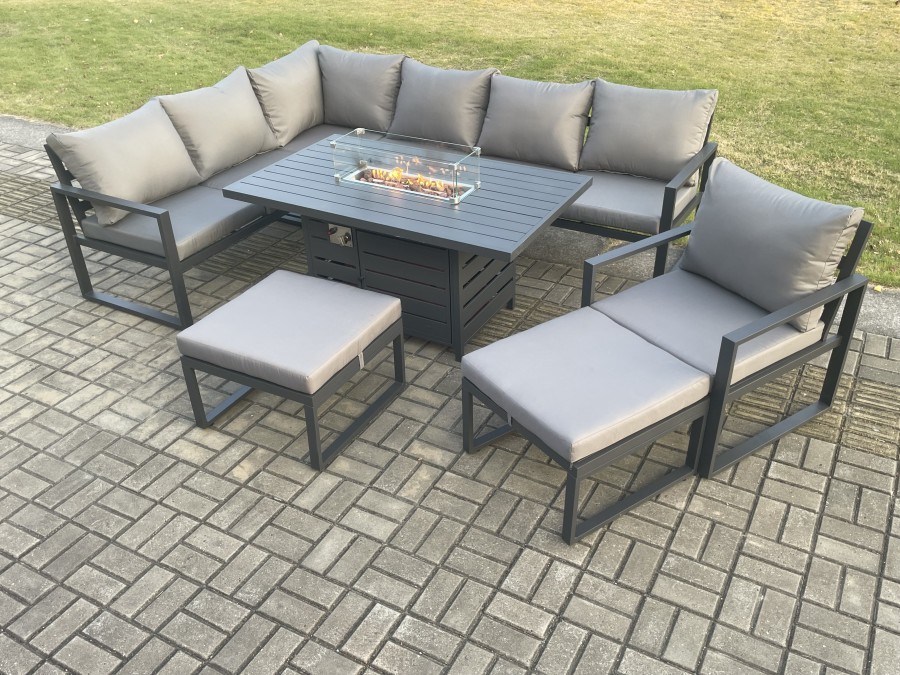 Click to view product details and reviews for Fimous Aluminium Patio Outdoor Garden Furniture Corner Sofa Set Gas Fire Pit Dining Table With Chair 2 Big Footstools Dark Grey.