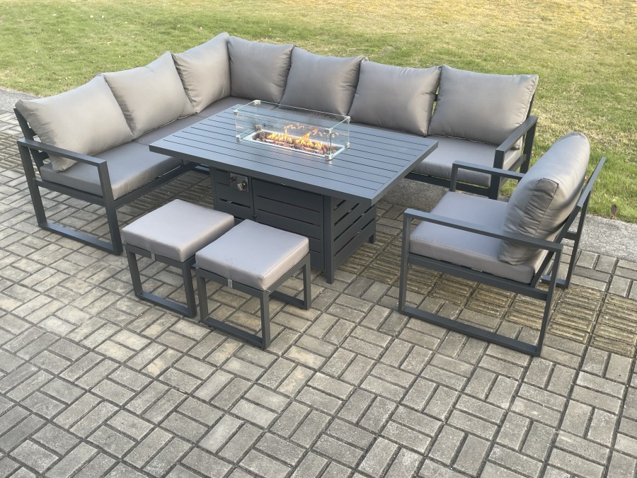 Click to view product details and reviews for Fimous Aluminium Patio Outdoor Garden Furniture Corner Sofa Set Gas Fire Pit Dining Table With Chair 2 Small Footstools Dark Grey.