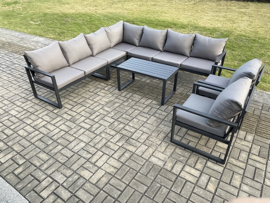 Click to view product details and reviews for Fimous Aluminium Patio Outdoor Garden Furniture Lounge Corner Sofa Set With Oblong Coffee Table 2 Chairs Dark Grey.