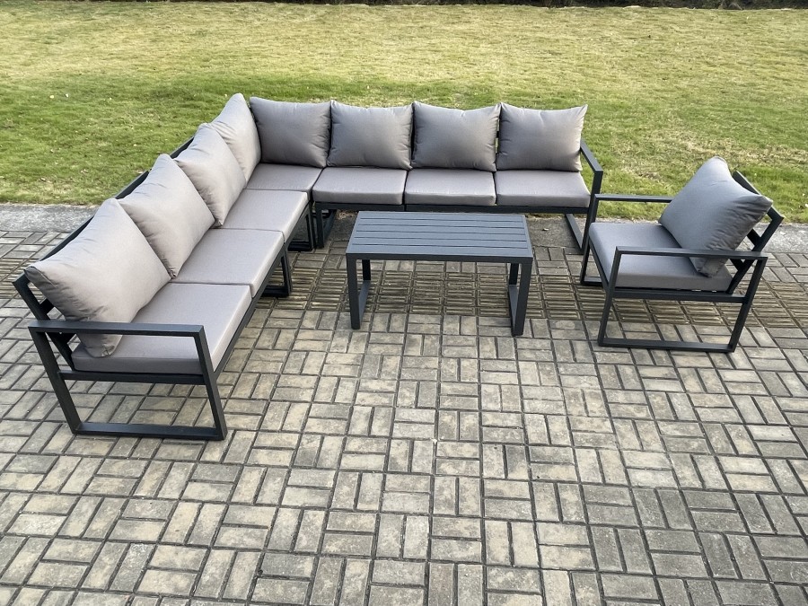 Click to view product details and reviews for Fimous Aluminium Patio Outdoor Garden Furniture Lounge Corner Sofa Set With Oblong Coffee Table Chair Dark Grey.
