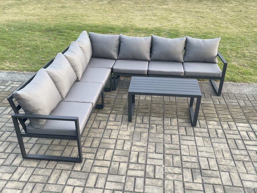Click to view product details and reviews for Fimous Aluminium Patio Outdoor Garden Furniture Lounge Corner Sofa Set With Oblong Coffee Table Dark Grey.
