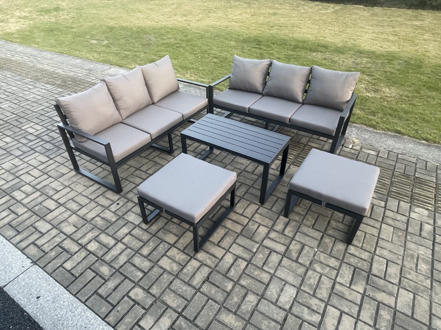 Click to view product details and reviews for Fimous Aluminium Patio Outdoor Garden Furniture Lounge Sofa Set With Oblong Coffee Table 2 Big Footstools Dark Grey.