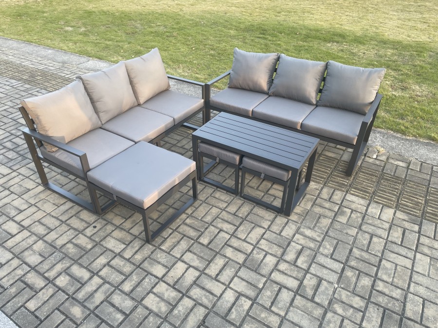 Click to view product details and reviews for Fimous Aluminium Patio Outdoor Garden Furniture Lounge Sofa Set With Oblong Coffee Table 3 Footstools Dark Grey.
