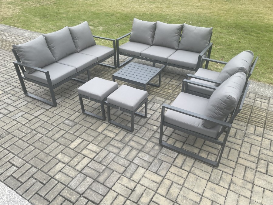 Click to view product details and reviews for Fimous Aluminium Patio Outdoor Garden Furniture Lounge Sofa Set With Square Coffee Table 2 Chairs 2 Small Footstool Dark Grey.