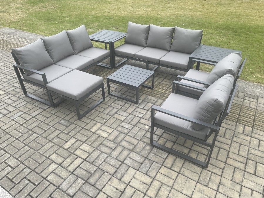 Click to view product details and reviews for Fimous Aluminium Patio Outdoor Garden Furniture Lounge Sofa Set With Square Coffee Table 2 Chairs Big Footstool 2 Side Tables Dark Grey.