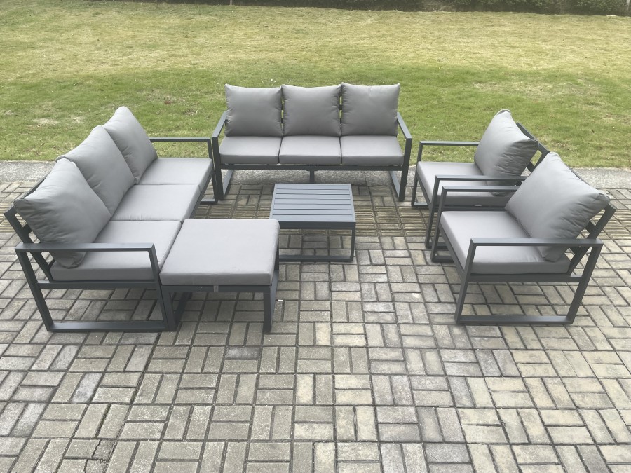 Click to view product details and reviews for Fimous Aluminium Patio Outdoor Garden Furniture Lounge Sofa Set With Square Coffee Table 2 Chairs Big Footstool Dark Grey.