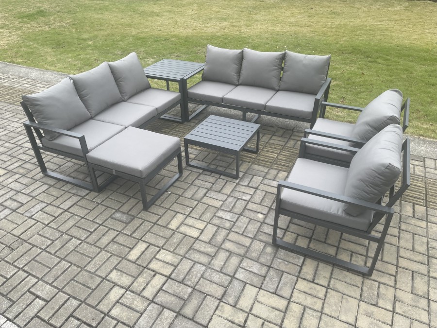 Click to view product details and reviews for Fimous Aluminium Patio Outdoor Garden Furniture Lounge Sofa Set With Square Coffee Table 2 Chairs Big Footstool Side Table Dark Grey.