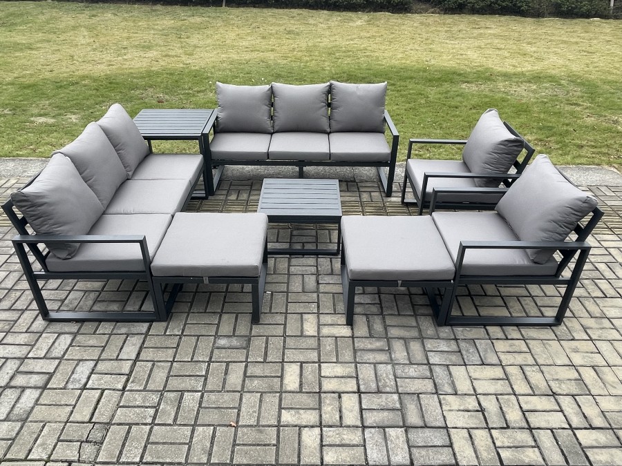 Click to view product details and reviews for Fimous Aluminium Patio Outdoor Garden Furniture Lounge Sofa Set With Square Coffee Table 2 Chairs Side Table 2 Big Footstool Dark Grey.