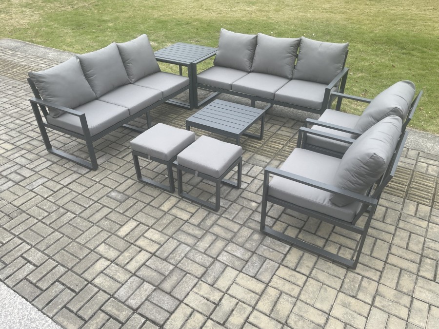 Click to view product details and reviews for Fimous Aluminium Patio Outdoor Garden Furniture Lounge Sofa Set With Square Coffee Table 2 Chairs Side Table 2 Small Footstool Dark Grey.