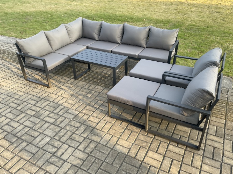 Click to view product details and reviews for Fimous Aluminum 10 Seater Outdoor Lounge Corner Sofa Set Garden Furniture Sets With Oblong Coffee Table 2 Chairs 2 Big Footstool Dark Grey.