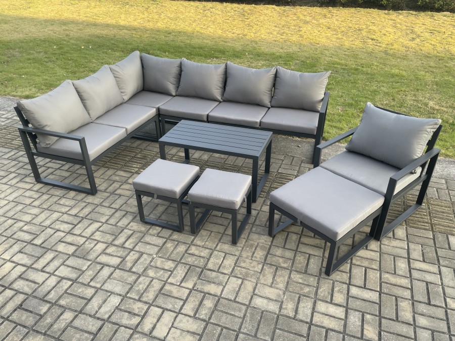 Click to view product details and reviews for Fimous Aluminum 10 Seater Outdoor Lounge Corner Sofa Set Garden Furniture Sets With Oblong Coffee Table Chair 3 Footstools Dark Grey.