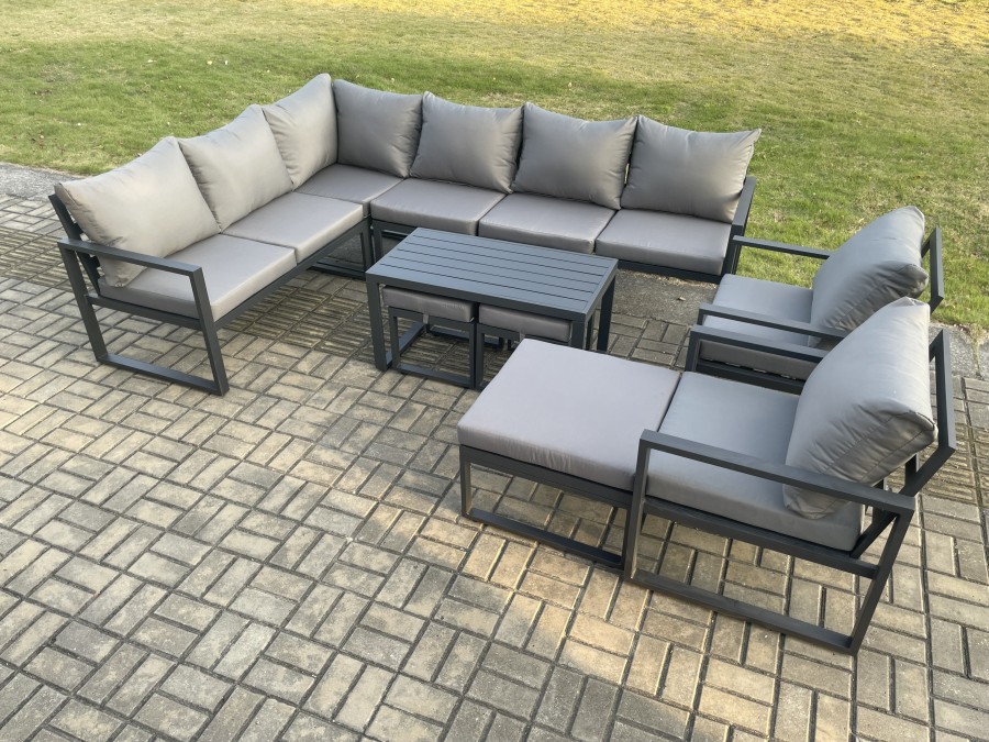 Click to view product details and reviews for Fimous Aluminum 11 Seater Outdoor Lounge Corner Sofa Set Garden Furniture Sets With Oblong Coffee Table 2 Chairs 3 Footstools Dark Grey.