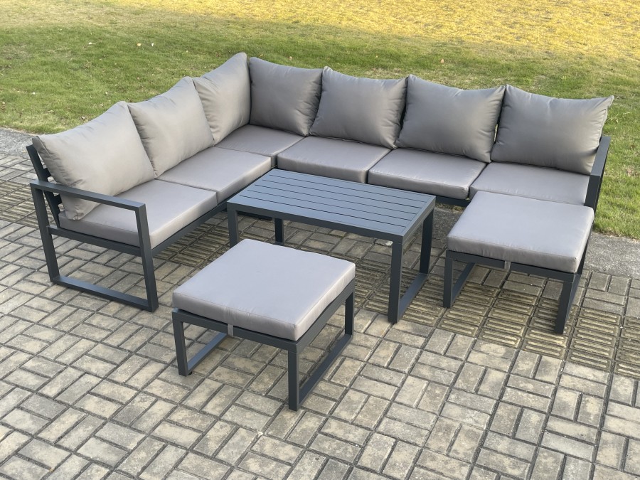 Click to view product details and reviews for Fimous Aluminum 8 Seater Outdoor Lounge Corner Sofa Set Garden Furniture Sets With Oblong Coffee Table 2 Big Footstool Dark Grey.