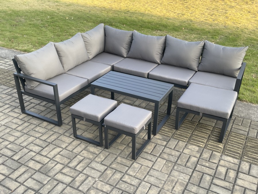 Click to view product details and reviews for Fimous Aluminum 9 Seater Outdoor Lounge Corner Sofa Set Garden Furniture Sets With Oblong Coffee Table 3 Footstools Dark Grey.