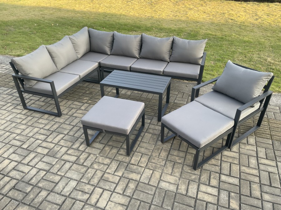 Click to view product details and reviews for Fimous Aluminum 9 Seater Outdoor Lounge Corner Sofa Set Garden Furniture Sets With Oblong Coffee Table Chair 2 Big Footstool Dark Grey.