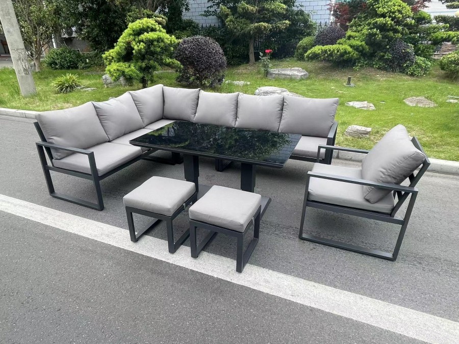 Click to view product details and reviews for Fimous Aluminum Outdoor Garden Furniture Corner Sofa Chair Footstools Adjustable Rising Lifting Dining Table Sets Dark Grey Black Tempered Glass 9 Sea.