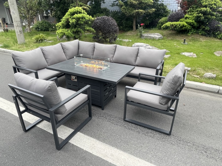 Click to view product details and reviews for Fimous Aluminum Outdoor Garden Furniture Set Corner Sofa 2 Pc Chairs Gas Fire Pit Dining Table Set Gas Heater Burner Dark Grey 8 Seater.