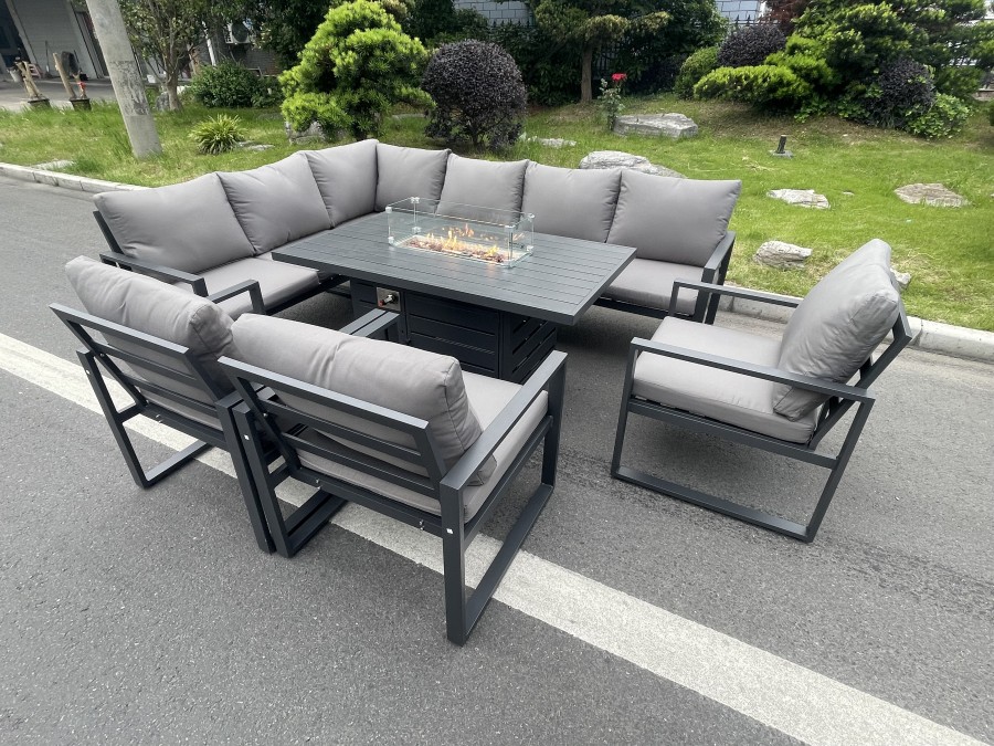 Click to view product details and reviews for Fimous Aluminum Outdoor Garden Furniture Set Corner Sofa 3 Pc Chairs Gas Fire Pit Dining Table Set Gas Heater Burner Dark Grey 8 Seater.