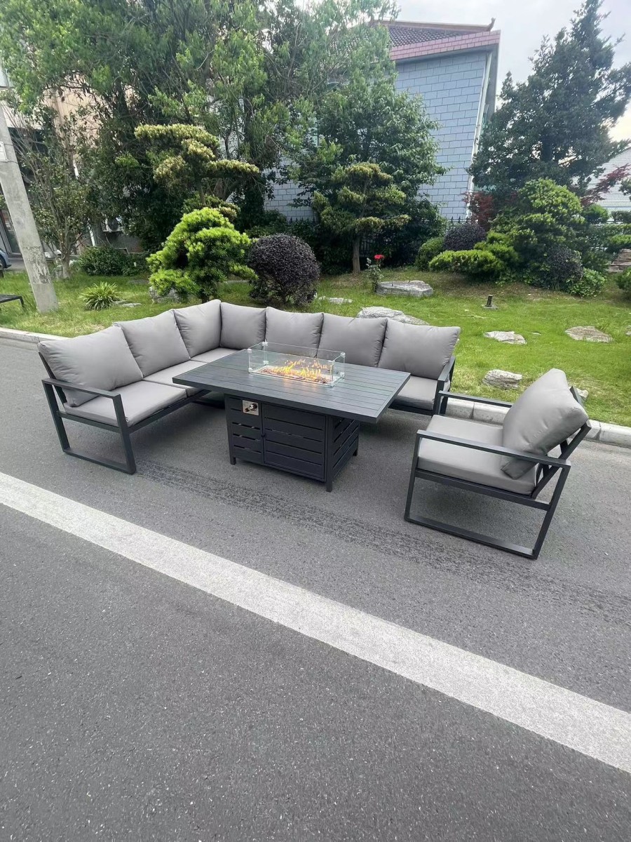 Fimous Aluminum Outdoor Garden Furniture Set Corner Sofa Chair Gas Fire Pit Dining Table Set Gas Heater Burner Dark Grey 7 Seater