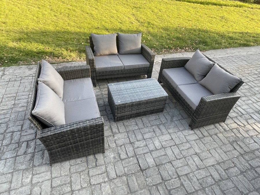 Click to view product details and reviews for Fimous Dark Grey 6 Seater Outdoor Rattan Garden Furniture Set Patio Love Sofa Rectangular Coffee Table Set. Click to view product details and reviews for Fimous Dark Grey 6 Seater Outdoor Rattan Garden Furniture Set Patio Love Sofa Rectangular Coffee Table Set.