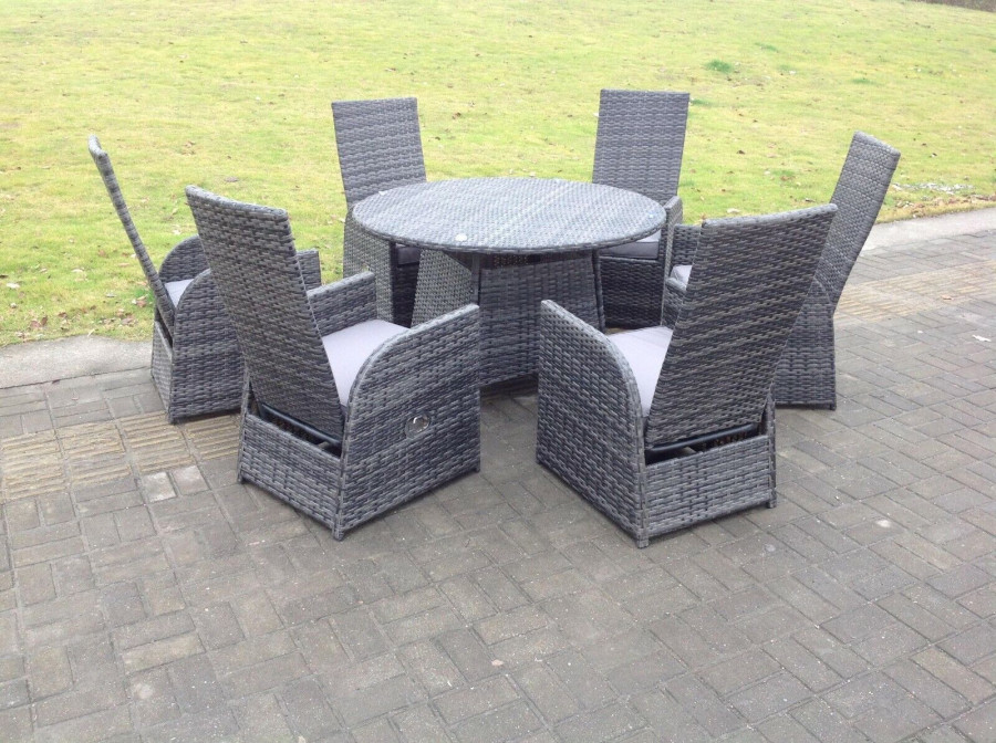 Click to view product details and reviews for Fimous Dark Grey Mixed Outdoor Wicker Rattan Garden Furniture Reclining Chair And Table Dining Sets 6 Seater Round Table.