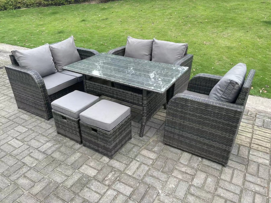 Click to view product details and reviews for Fimous Dark Grey Pe Wicker Rattan Garden Furniture Set Reclining Chair Love Sofa 2 Seater Sofa Set Outdoor Rectangular Dining Table 2 Stools 5 Seater.